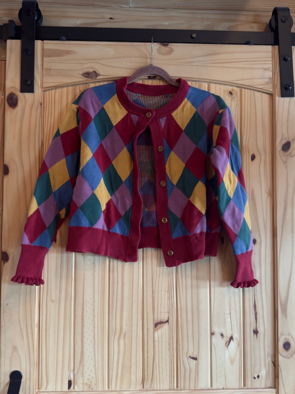 Colorful Argyle Pattern Cardigan with Ruffle Cuffs
